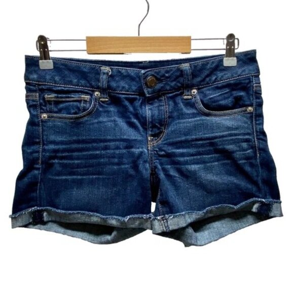 American Eagle Jean Shorts Women's 8 Blue Dark Wash AEO Cuffed Stretch Denim GUC - Picture 1 of 11